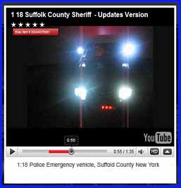 Diecast 1:18 Police Emergency Crown vic from Suffolk NY.  Siren, wig-wag, flashers and solids from us.  Lightbar from Shawn